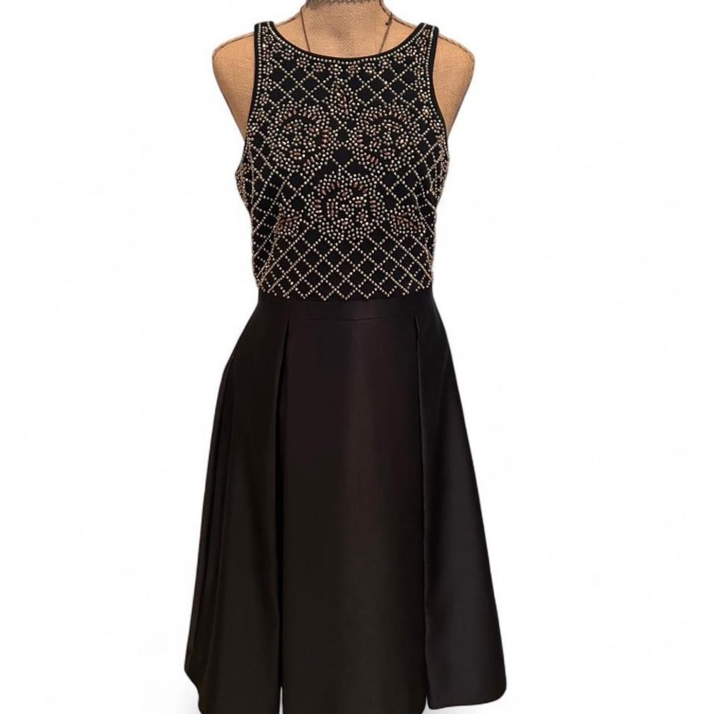 Xscape Black and Gold Sleeveless Prom Dress